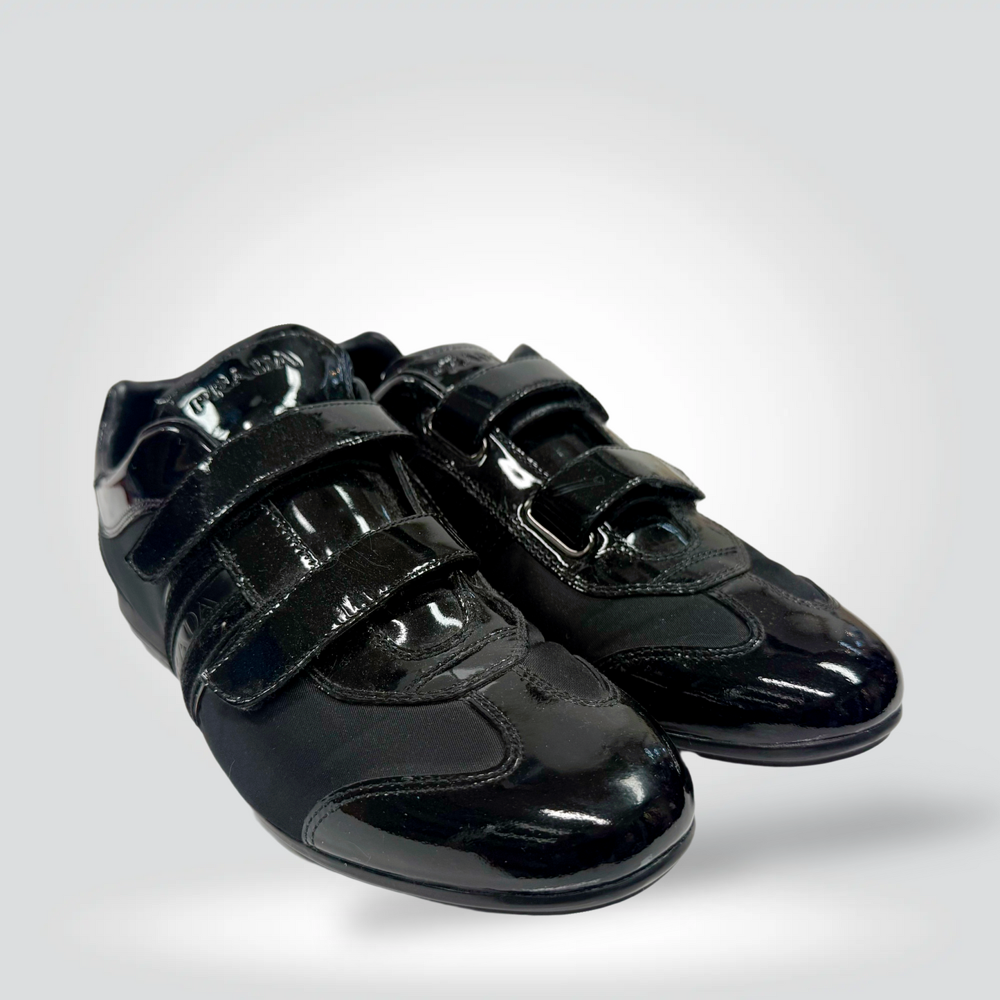 Pre-Owned Prada Patent Leather Velcro Strap Sneakers Black Red Logo Tab — Size 39 — Very Good  Style Reissue Vancouver