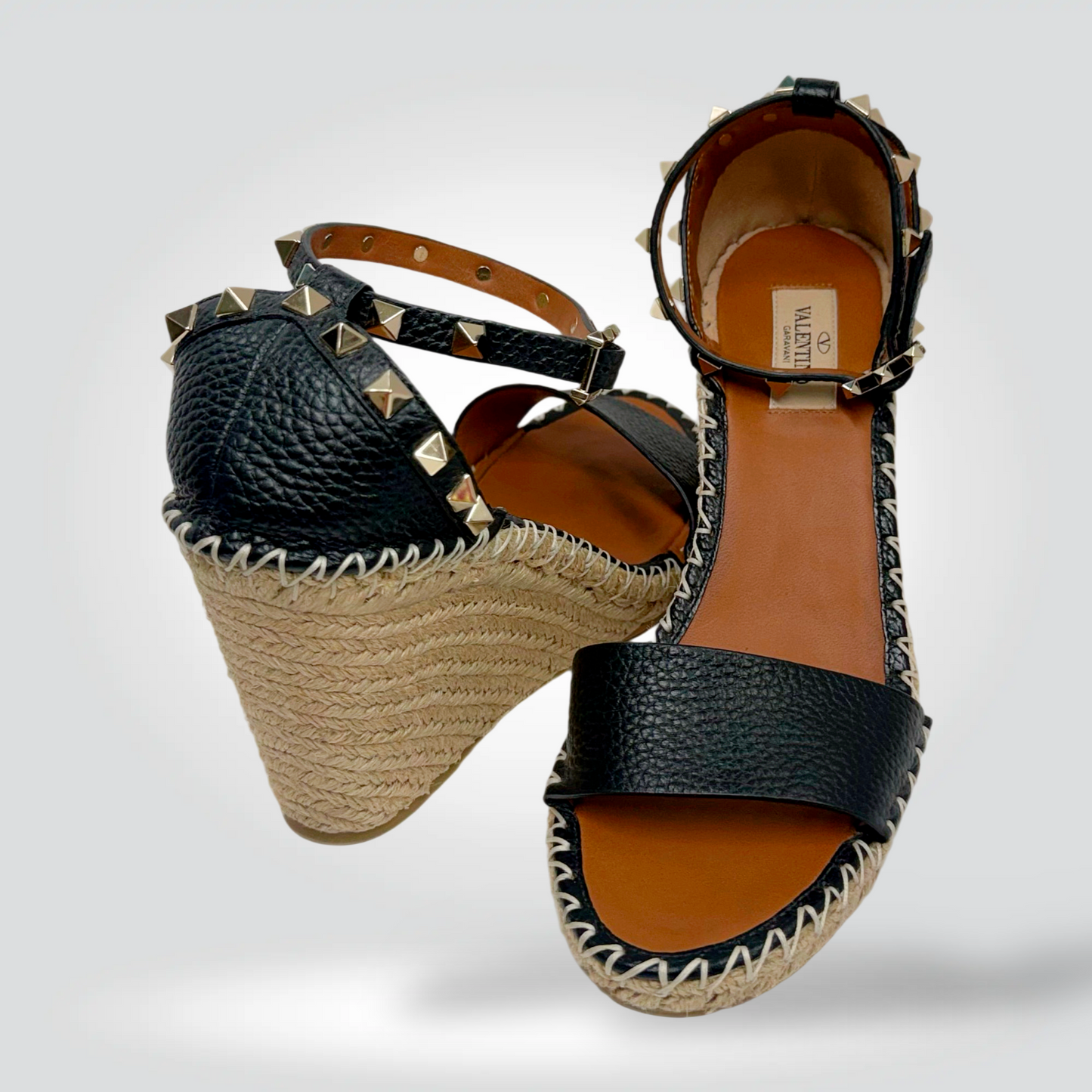 Valentino Garavani Rockstud Espadrille Platform Sandals Black Leather Jute Sole — Size 39— [Condition] | Style Reissue Vancouver
