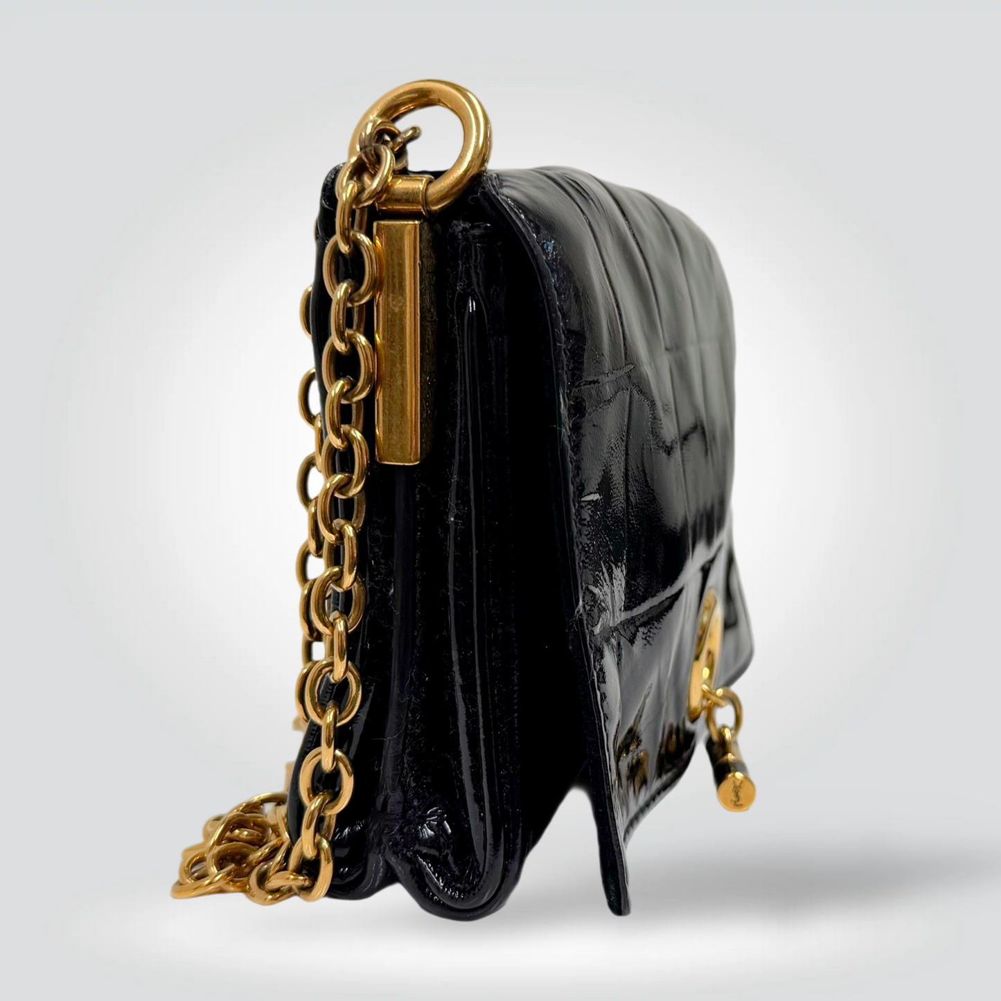 Saint Laurent Croc Embossed Patent Leather Chain Bag Black Gold Turn Lock Clasp — Very Good  | Style Reissue Vancouver