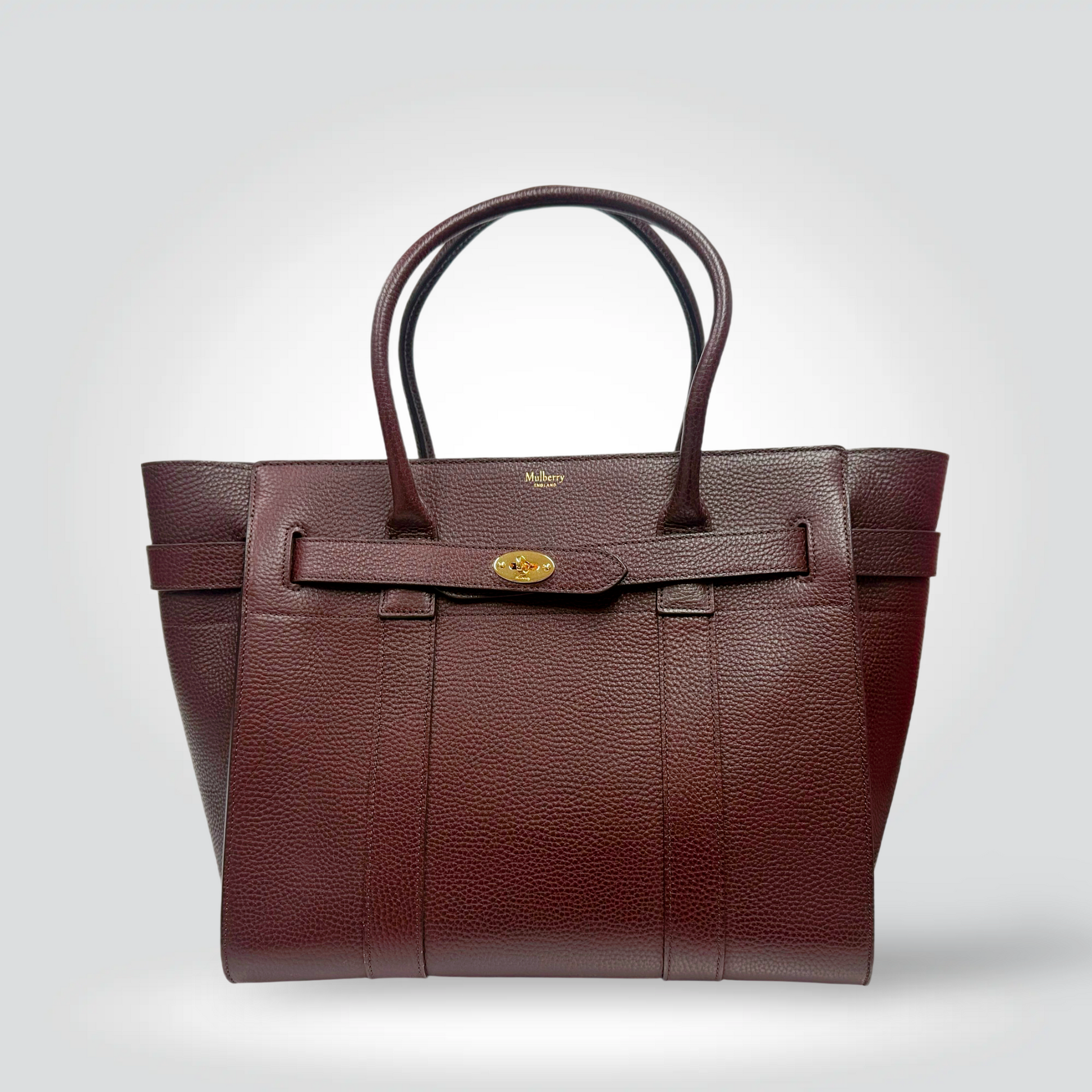 Mulberry Bayswater tote bag oxblood burgundy pebbled leather gold postman lock — Style Reissue Vancouver