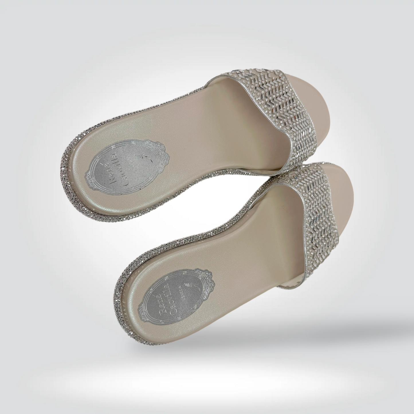 re-Owned René Caovilla Silver Embellished Woven Cut-Out Slide Sandals Flat — Size38 —Pristine  | Style Reissue Vancouver