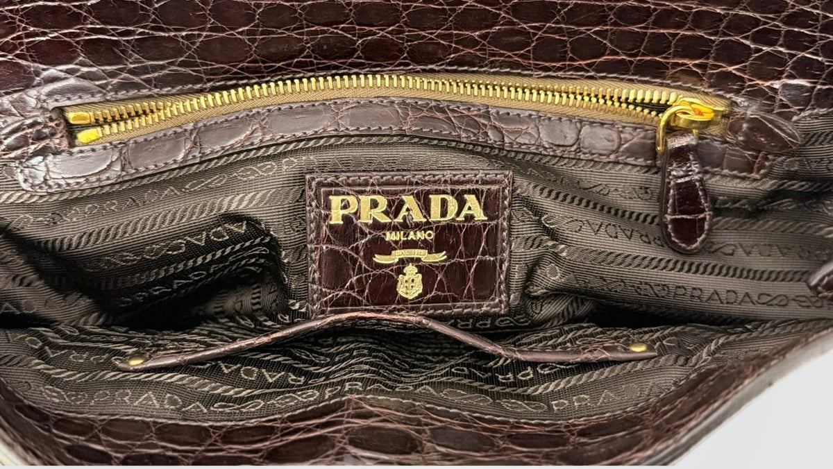 Pre-Owned Vintage Prada Canapa Brown Canvas Tote Bag with Crocodile-Embossed Leather Trim and Lock