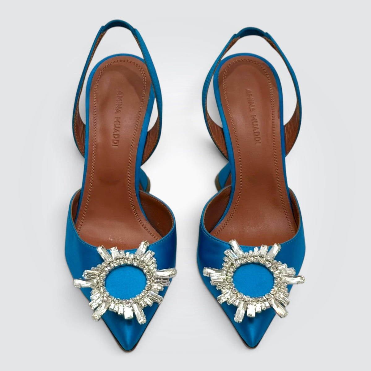 Pre-Owned Amina Muaddi Begum Blue Satin Slingback Pumps with Crystal Buckle