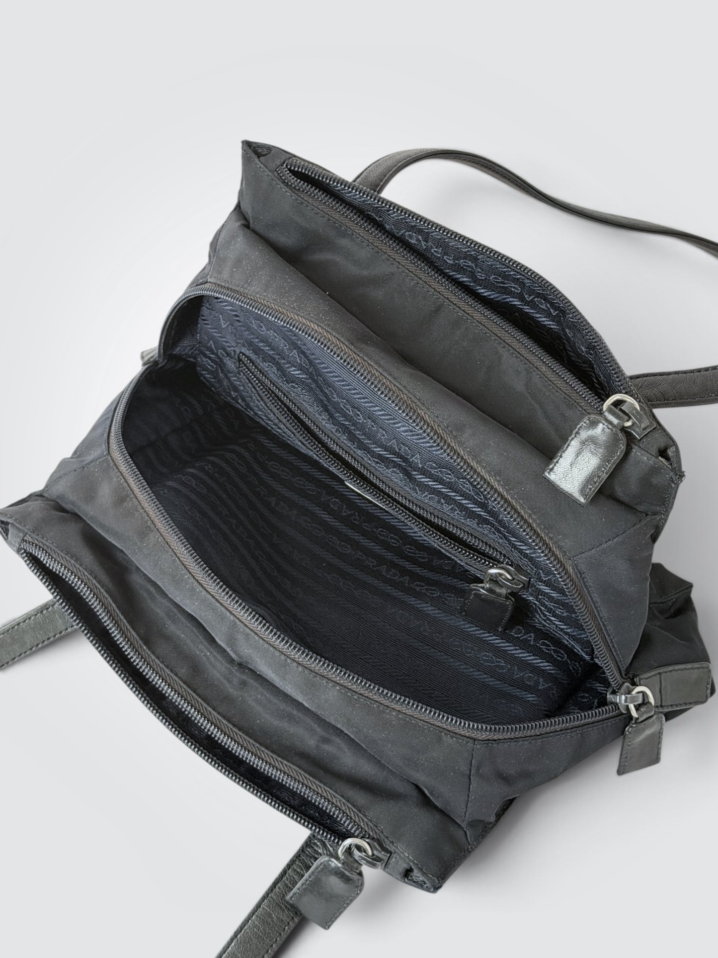 Pre-Owned Prada Black Nylon 3-Compartment Tote Shoulder Bag with Leather Trim