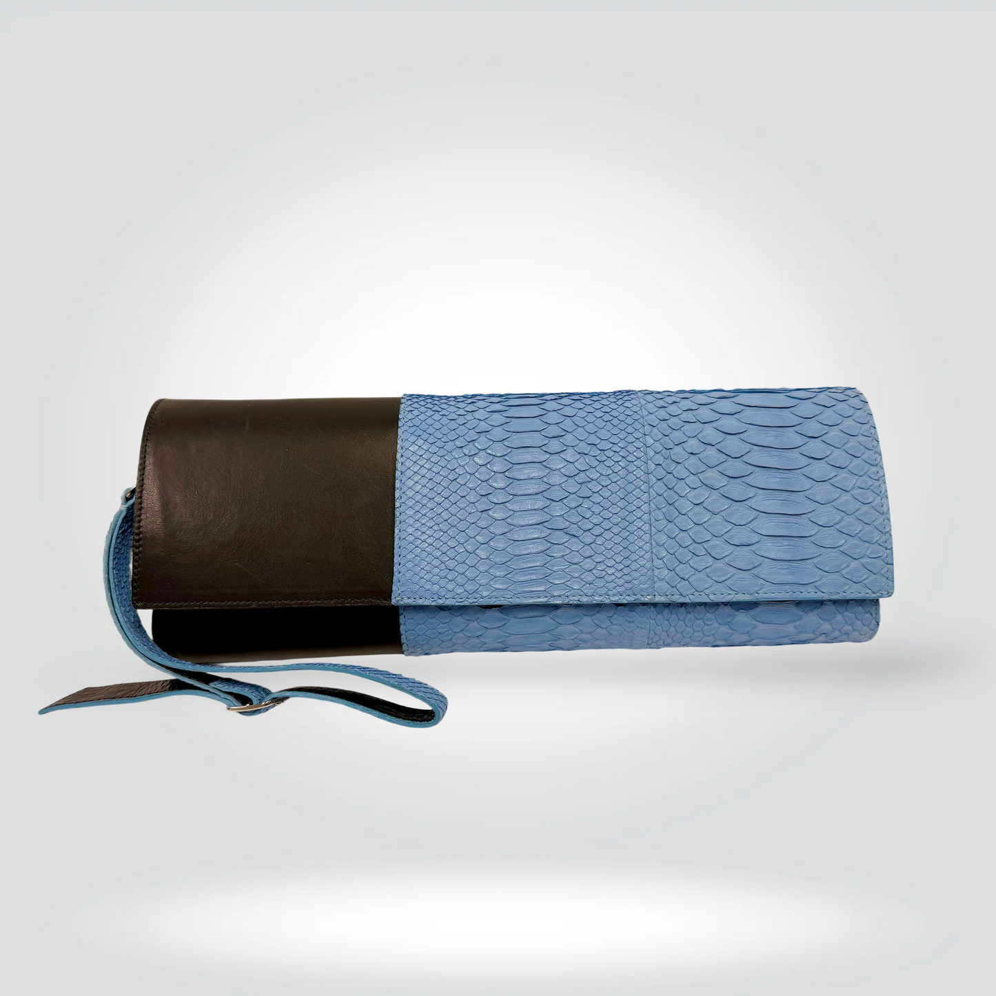 Yigal Azrouël two-tone clutch blue python embossed dark brown leather wrist strap — Style Reissue Vancouver