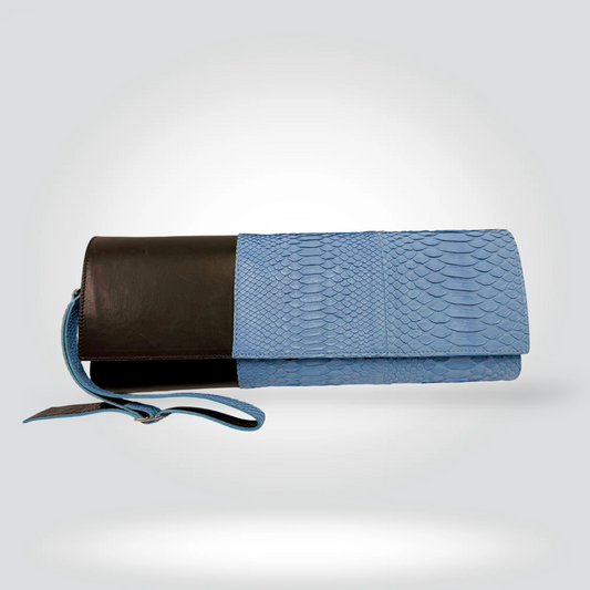 Yigal Azrouël two-tone clutch blue python embossed dark brown leather wrist strap — Style Reissue Vancouver