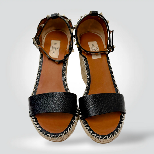 Valentino Garavani Rockstud Espadrille Platform Sandals Black Leather Jute Sole — Size 39— [Condition] | Style Reissue Vancouver