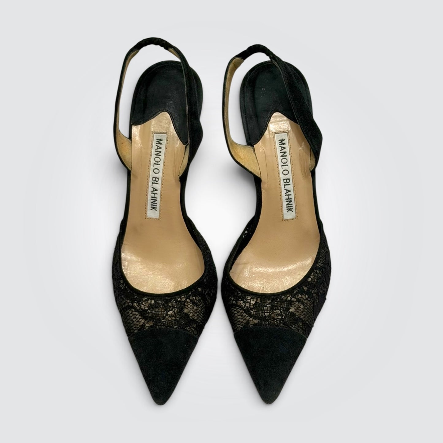 Pre-Owned Manolo Blahnik Carolyne Black Lace Slingback Pumps
