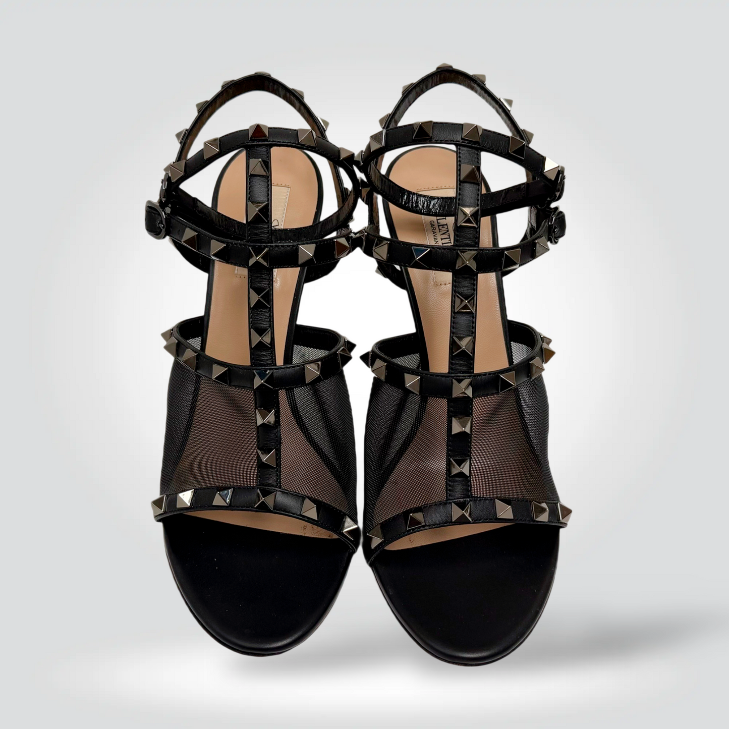 Valentino Garavani Rockstud T-Strap Sandals Black Leather Mesh Pyramid Studs — Size 39.5 — [Condition] | Style Reissue Vancouver