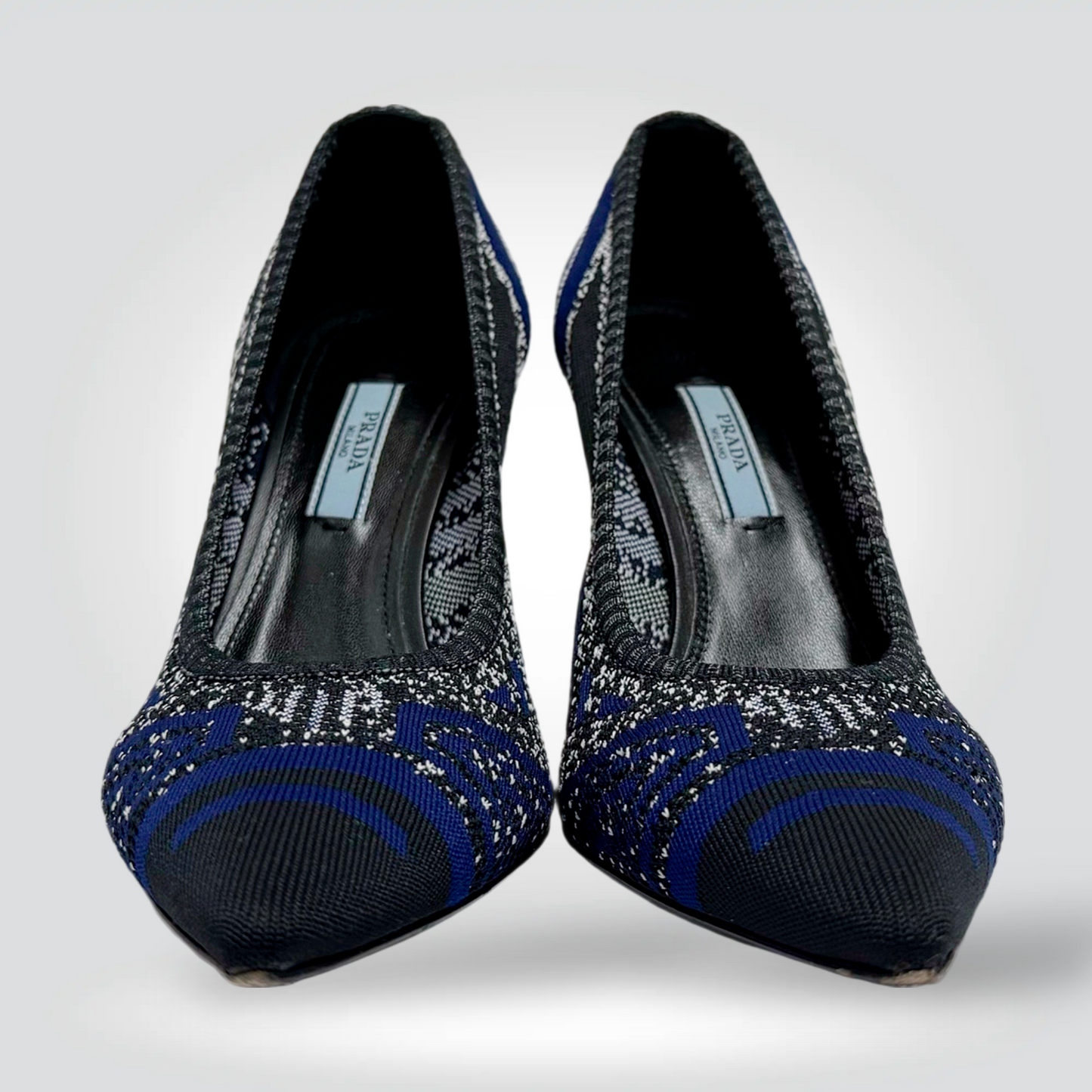 Prada Embroidered Fabric Pumps Black Royal Blue Woven Floral Pointed Toe Stiletto — Size 39#] — [Condition] | Style Reissue Vancouver
