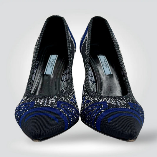 Prada Embroidered Fabric Pumps Black Royal Blue Woven Floral Pointed Toe Stiletto — Size 39#] — [Condition] | Style Reissue Vancouver