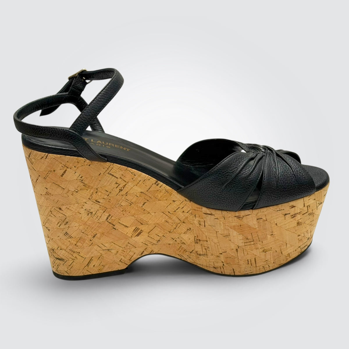 Pre-Owned Saint Laurent Bianca Black Leather Cork Wedge Sandals
