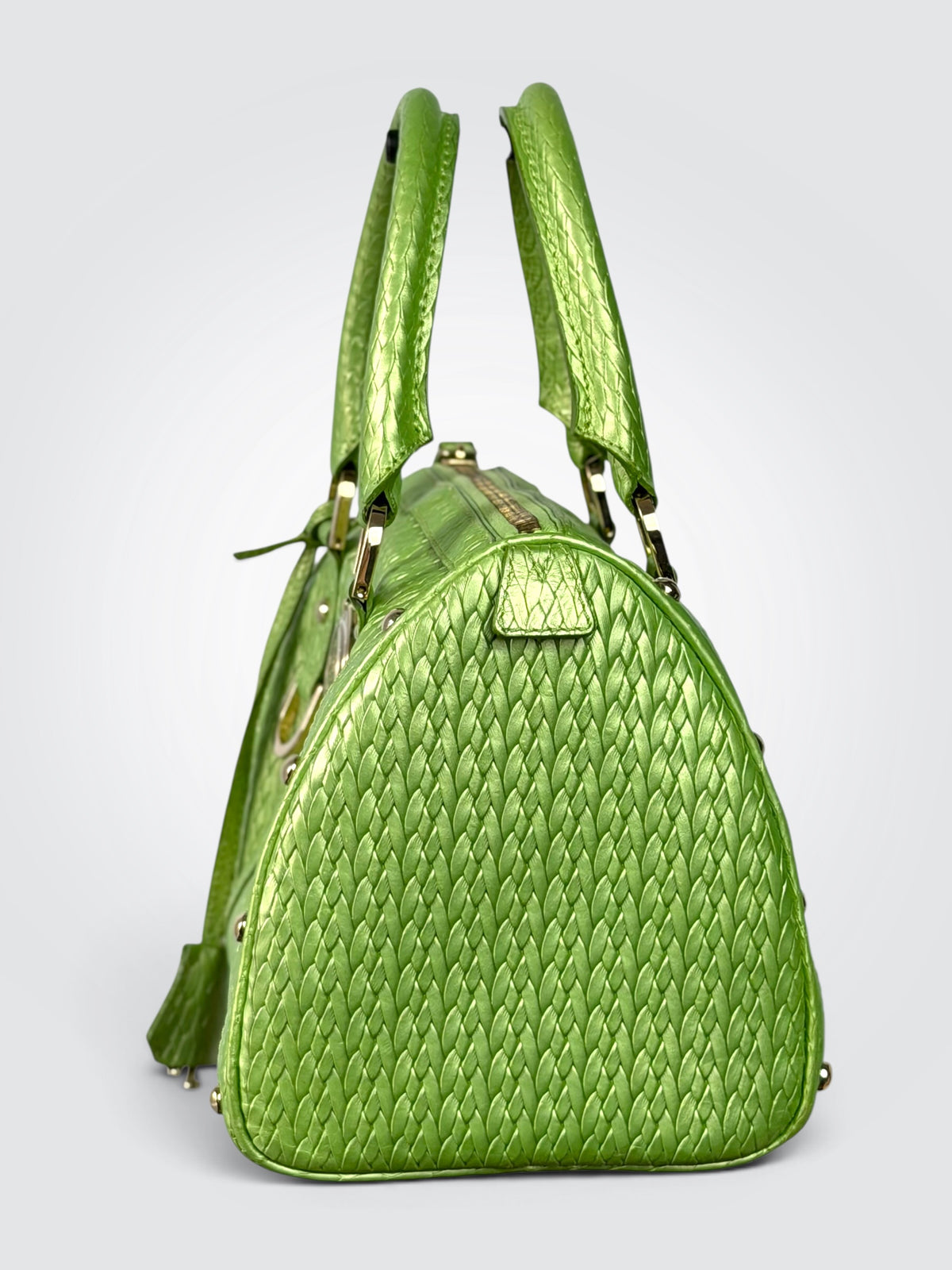 Pre-Owned Versace Green Textured Leather Medusa Doctor Satchel Handbag – Gold-Tone Hardware