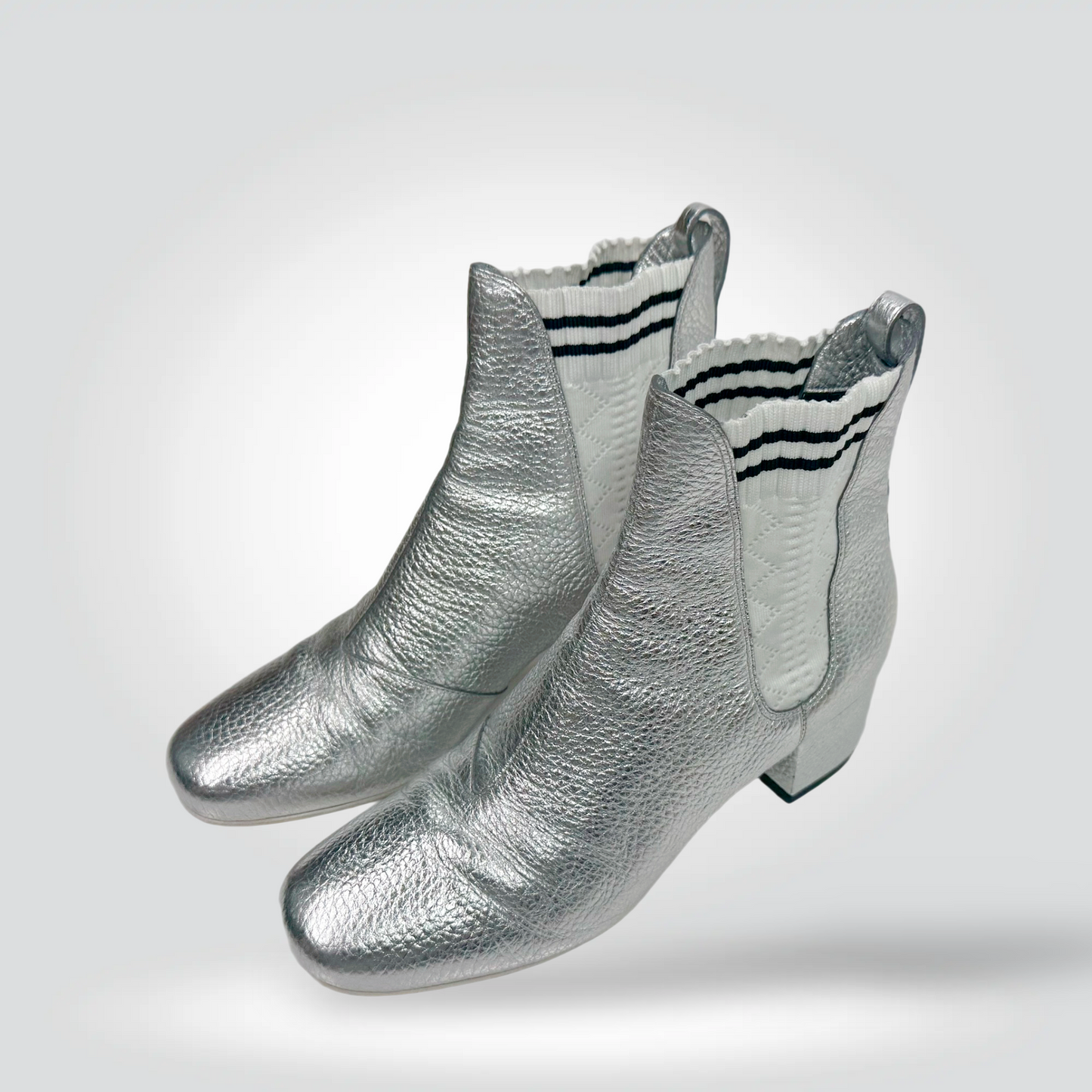 Pre-Owned Fendi Silver Metallic Leather Ankle Boots Black White Stripe Elastic Gore Block Heel — Size 38.5— Excellent | Style Reissue Vancouver