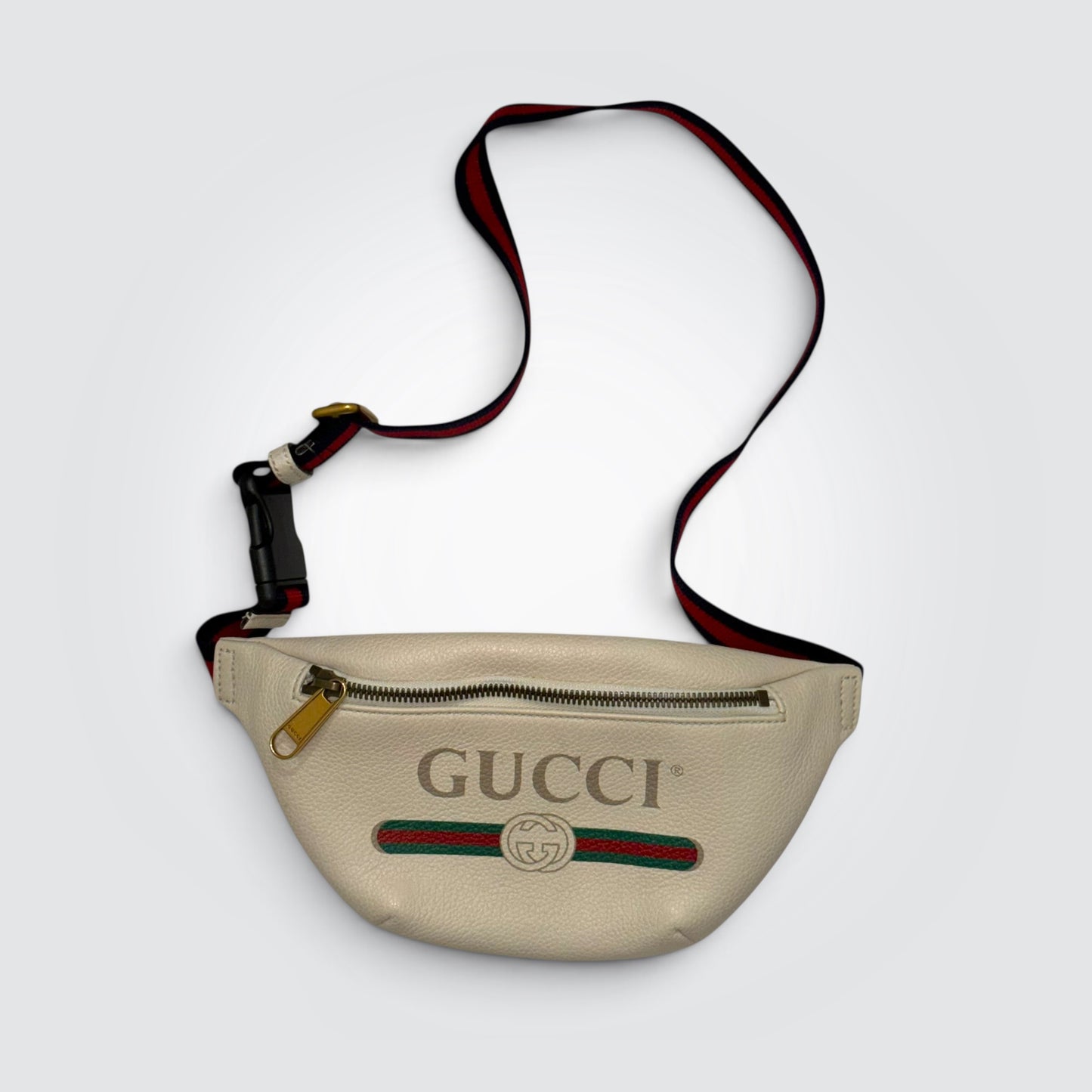 Pre-Owned Gucci White Grained Calfskin Small Logo Print Belt Bag – Green and Red Web Stripe