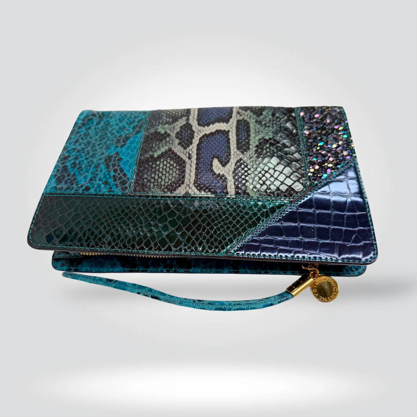 Stella Mccartney Mixed Exotic Print Clutch Teal Python Navy Croc Multicolour Glitter — Pristine | Style Reissue Vancouver