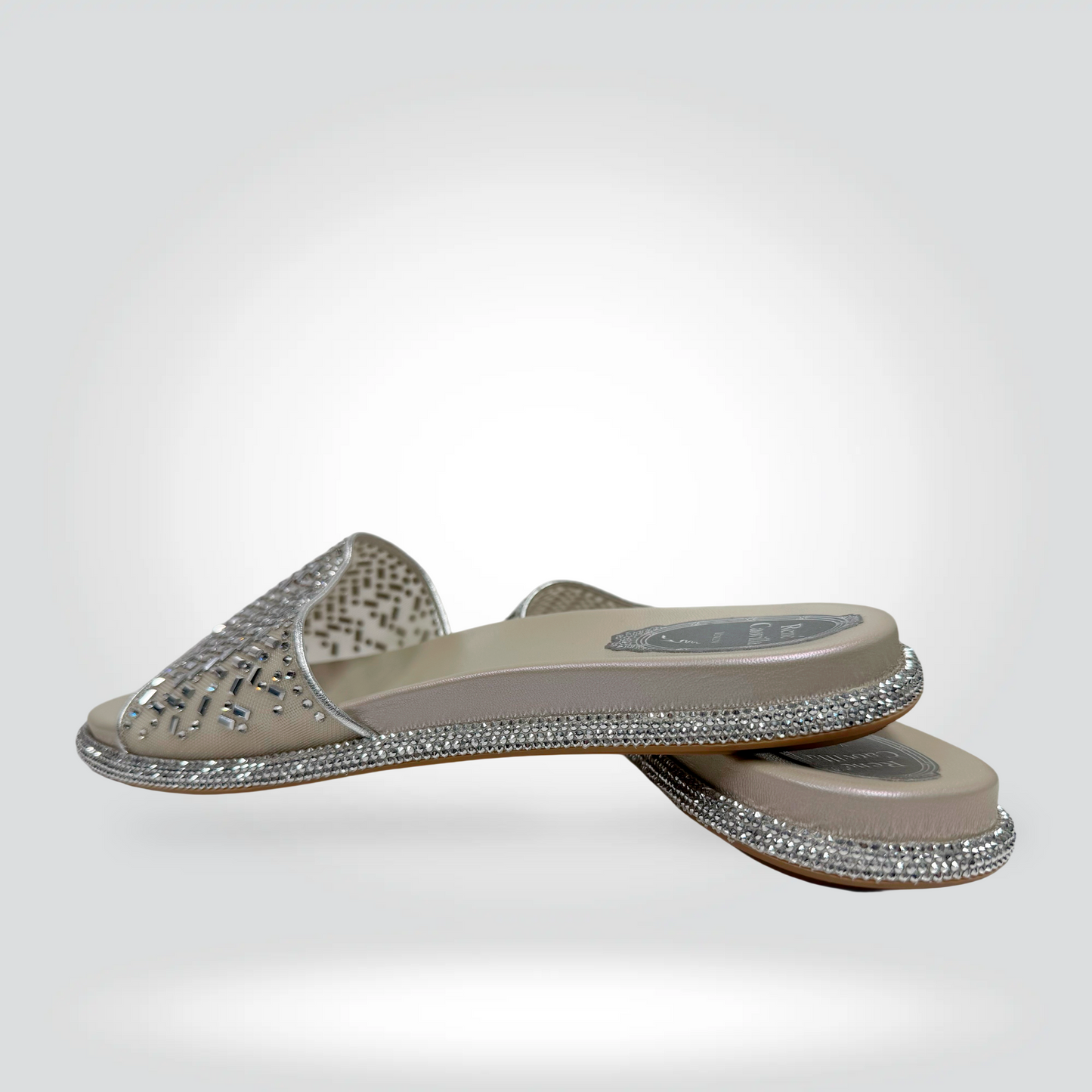 re-Owned René Caovilla Silver Embellished Woven Cut-Out Slide Sandals Flat — Size38 —Pristine  | Style Reissue Vancouver