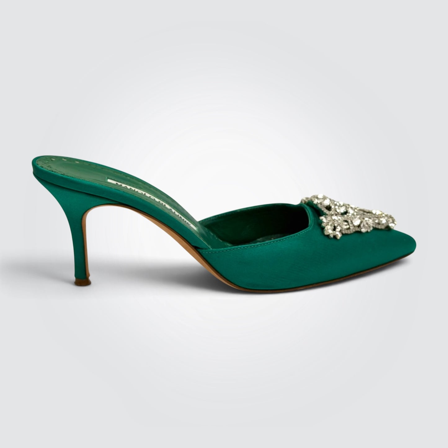 Pre-Owned Manolo Blahnik Lurum Green Satin Crystal-Embellished Mules