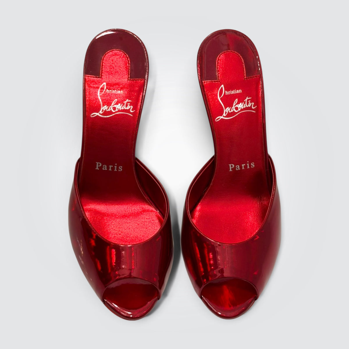 Pre-Owned Christian Louboutin Red Metallic Patent Leather Open-Toe Mules
