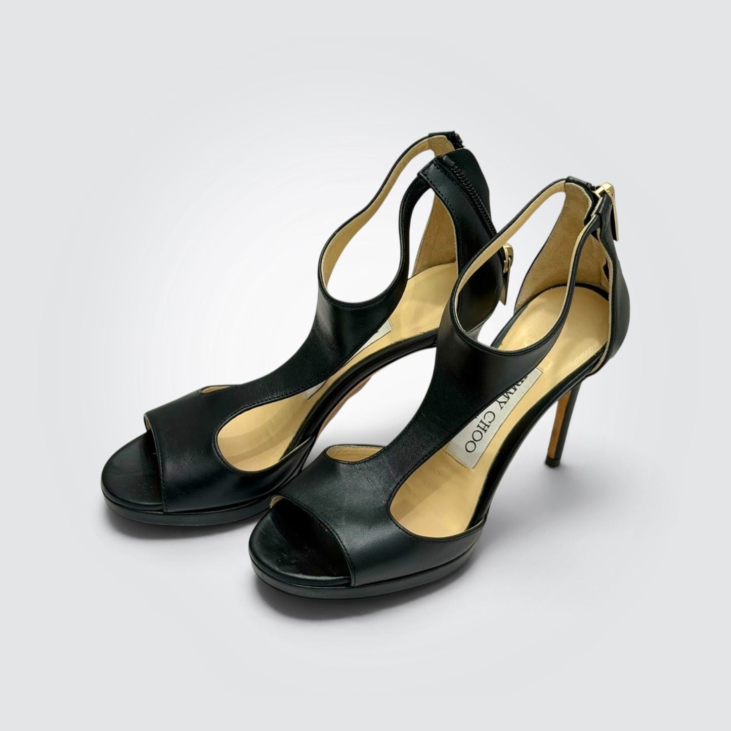 Pre-Owned Jimmy Choo Black Leather Cutout T-Strap Platform Sandals