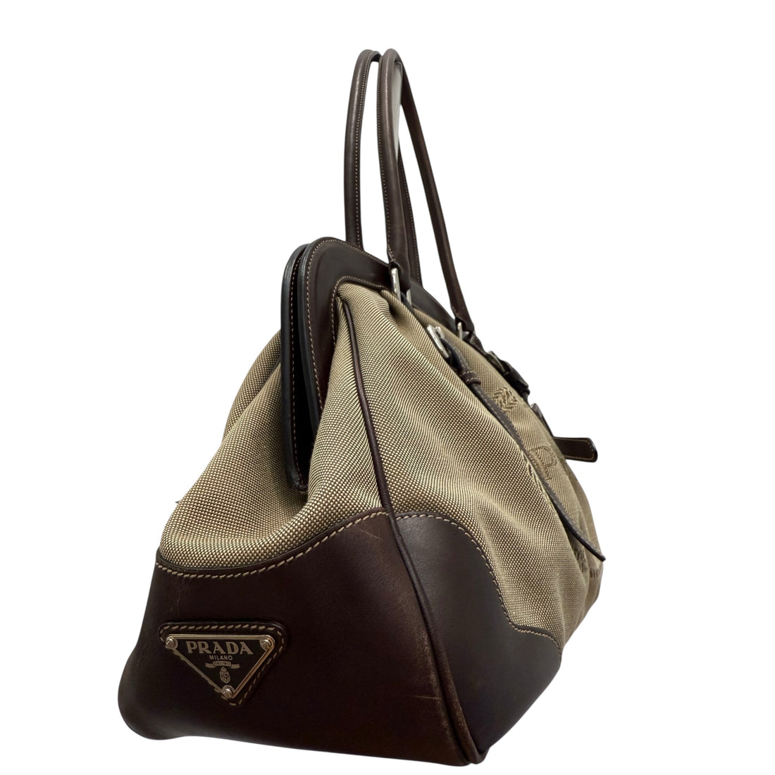Prada Milano Canvas and Leather Tote Bag – Structured Beige & Brown Satchel with Embroidered Logo | Made in Italy