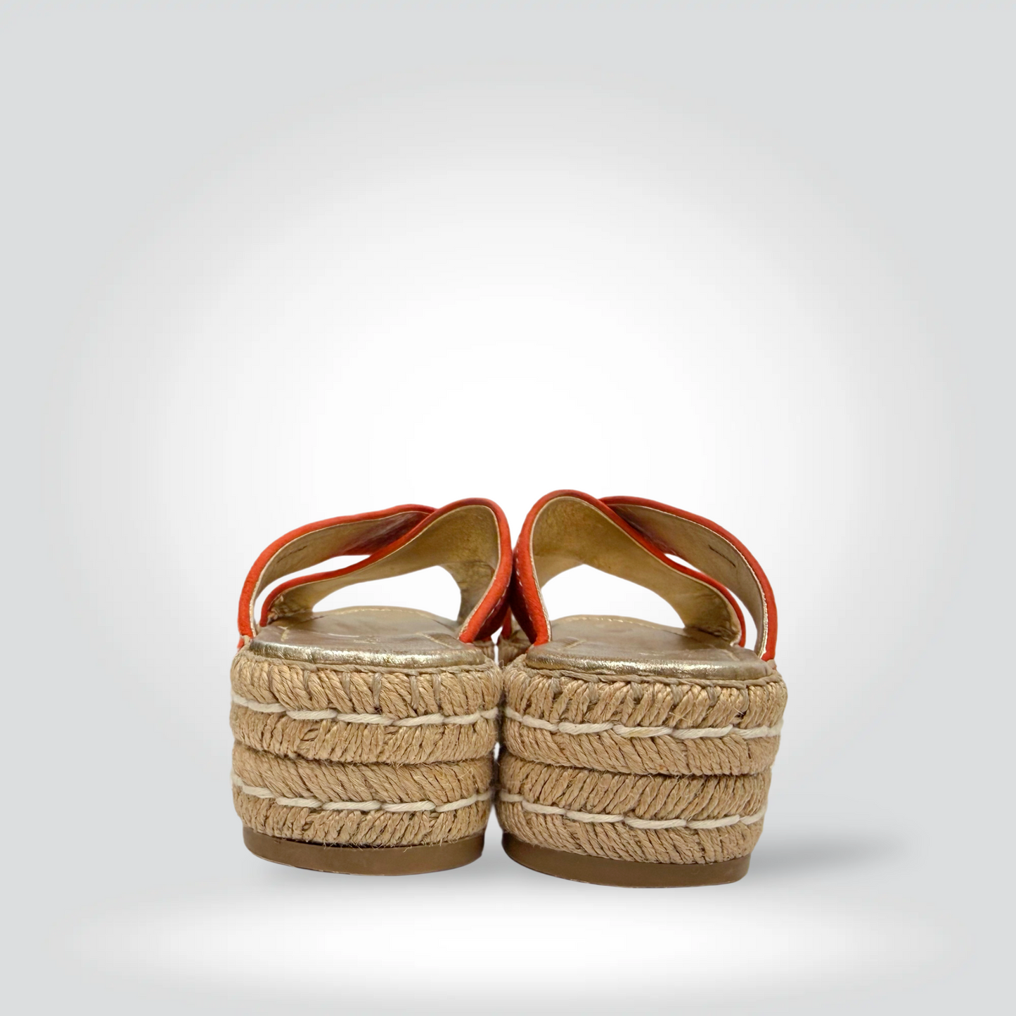 Pre-Owned Prada Suede Espadrille Wedge Slides Orange Red Crossed Strap Jute Platform — Size 38— Very Good | Style Reissue Vancouver