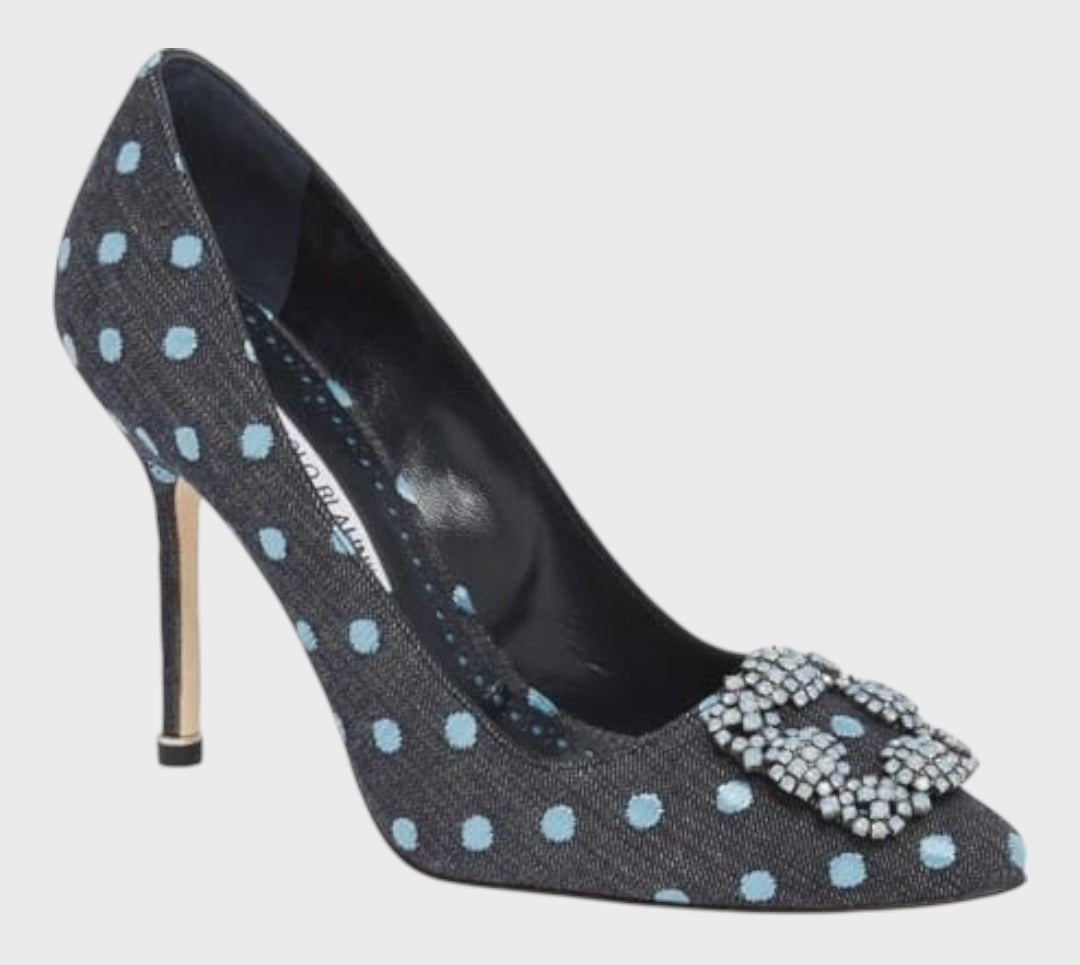 Manolo Blahnik Hangisi Pump
105 Heel Shoe Jeans Polka Dot Size 34.5