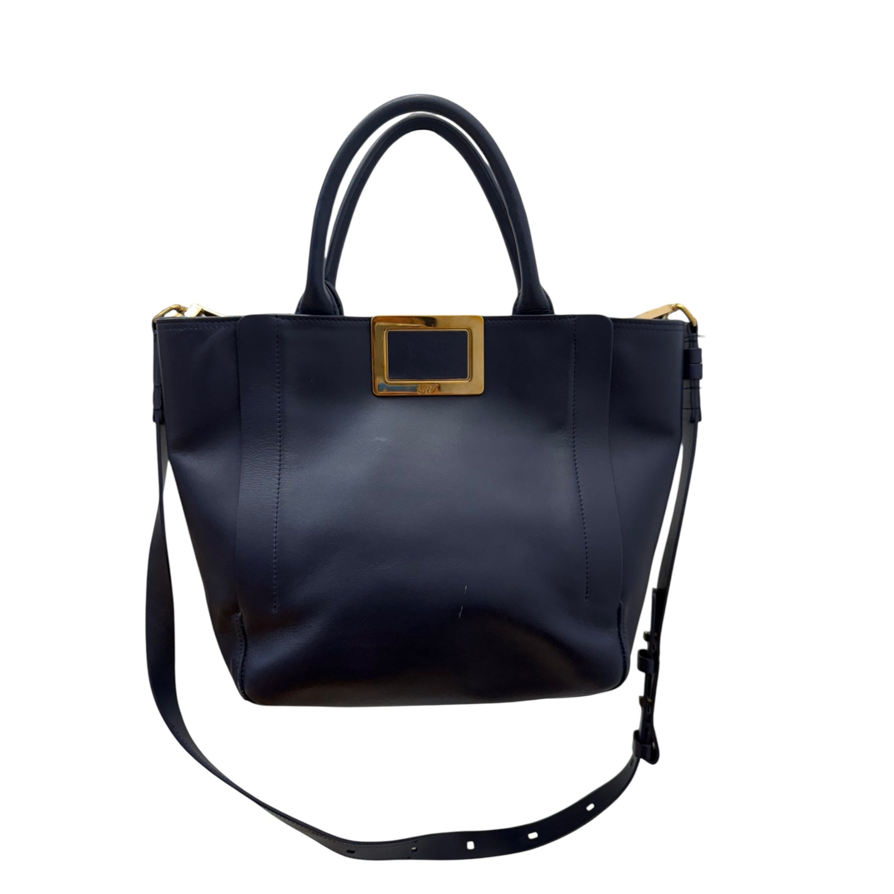 Roger Vivier Navy Blue Leather Top Handle Tote – Structured Handbag with Gold Buckle & Crossbody Strap