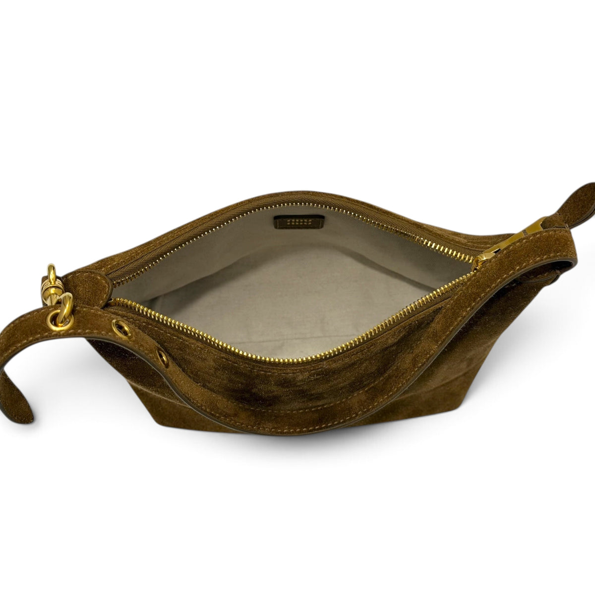 Brown Suede Small Shoulder Bag Embossed Logo Gold Hardware