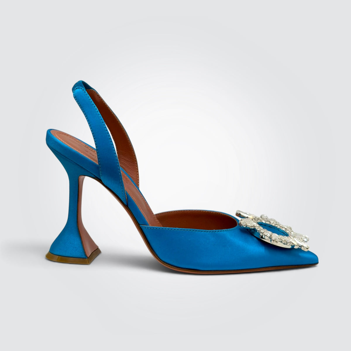 Pre-Owned Amina Muaddi Begum Blue Satin Slingback Pumps with Crystal Buckle