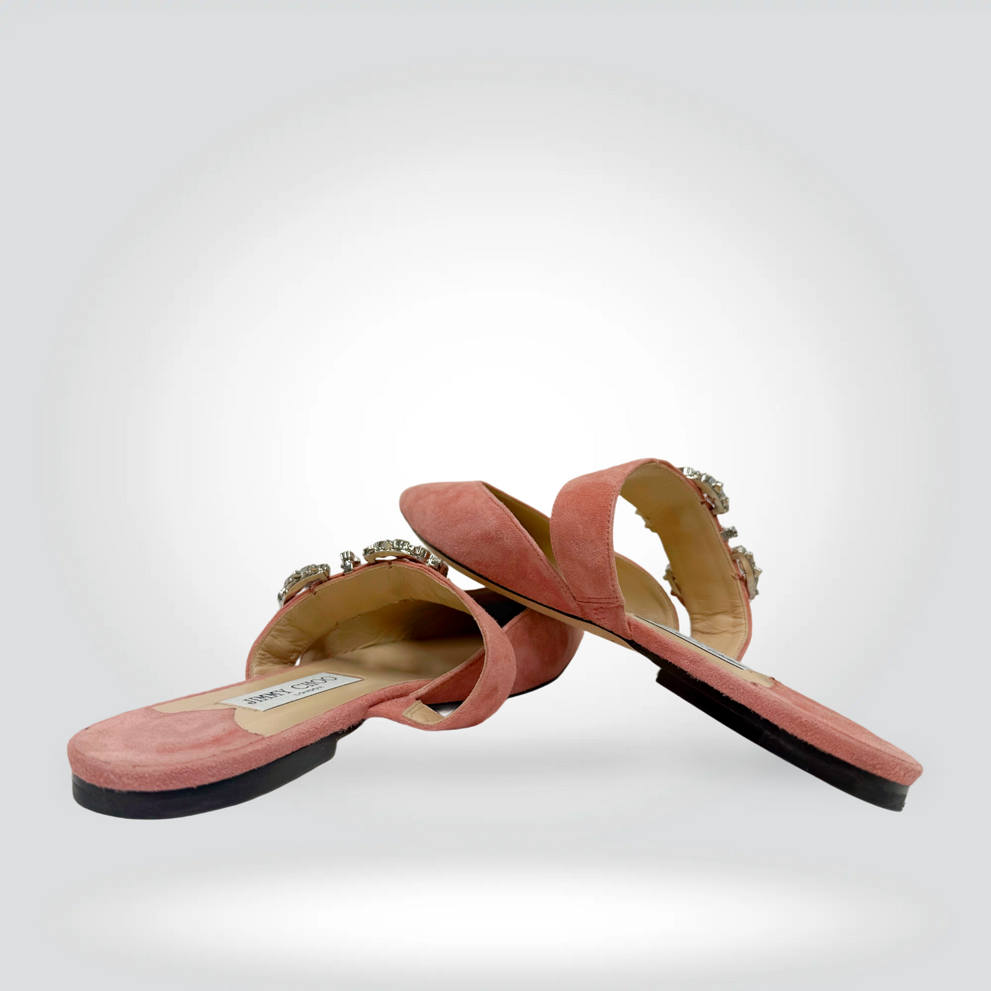 Jimmy Choo Suede Mules Blush Pink Crystal Embellished Buckle Strap Square Toe — Size 10 —Never worn | Style Reissue Vancouver