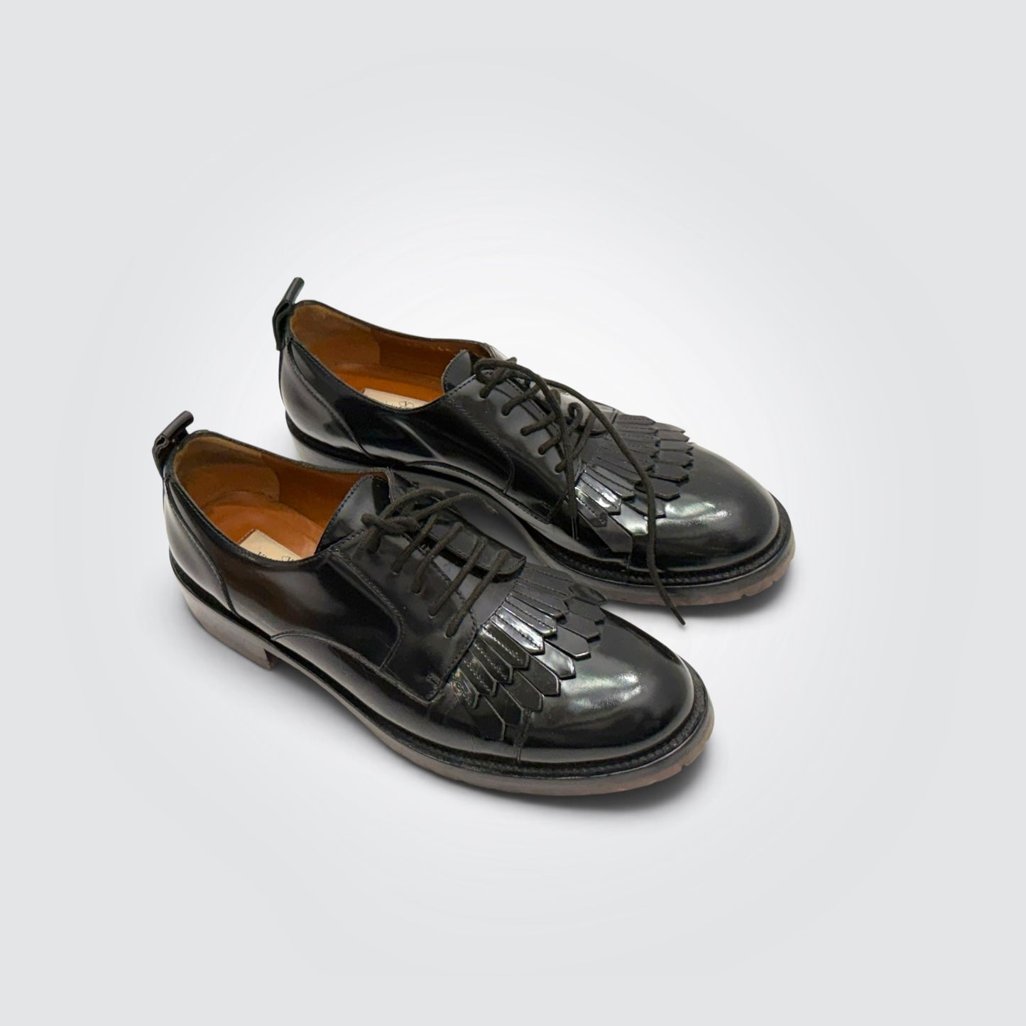 Pre-Owned Valentino Garavani Black Leather Fringe Kiltie Oxford Shoes