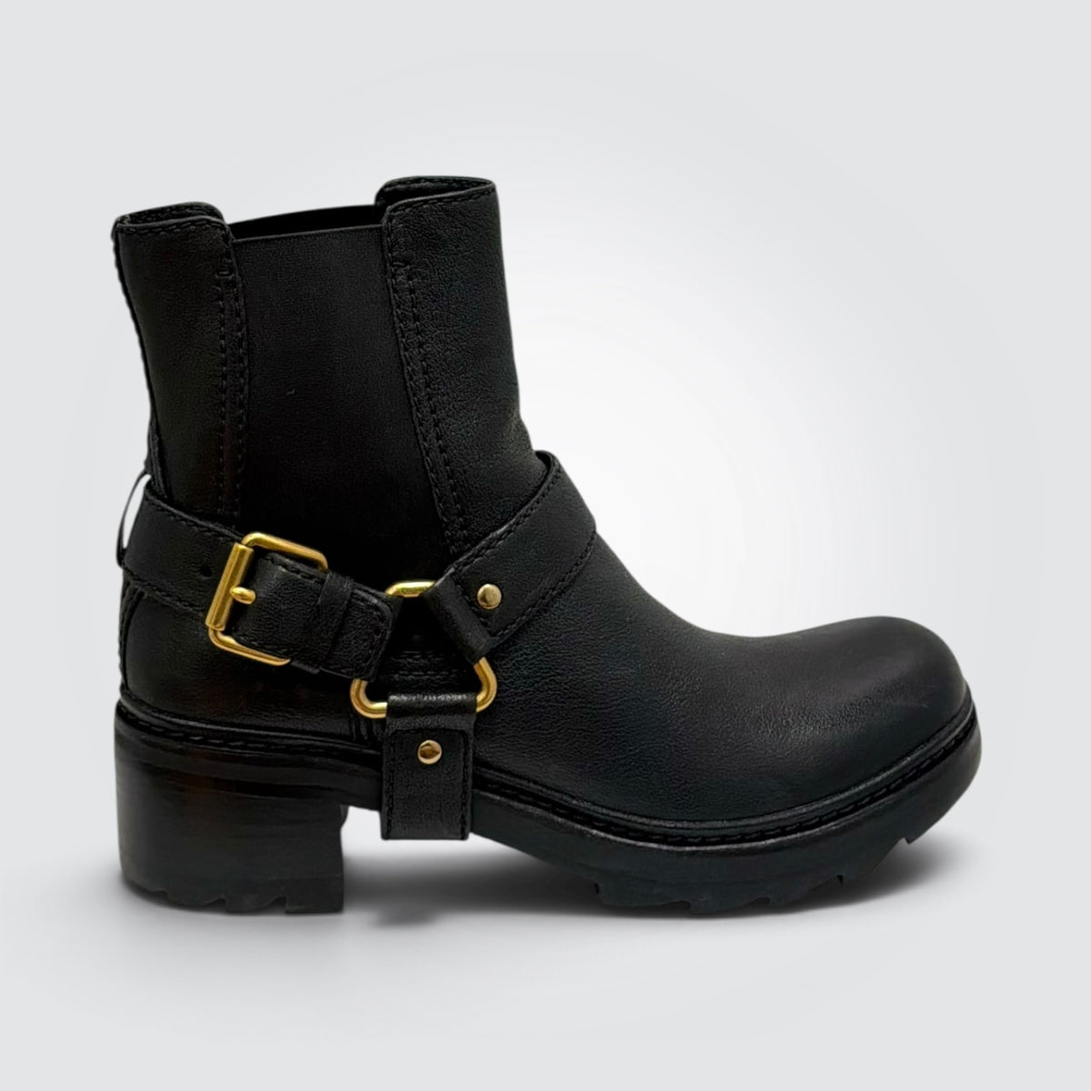 Pre-Owned Prada Black Leather Moto Ankle Boots with Gold-Tone Harness Strap — Size 38.5