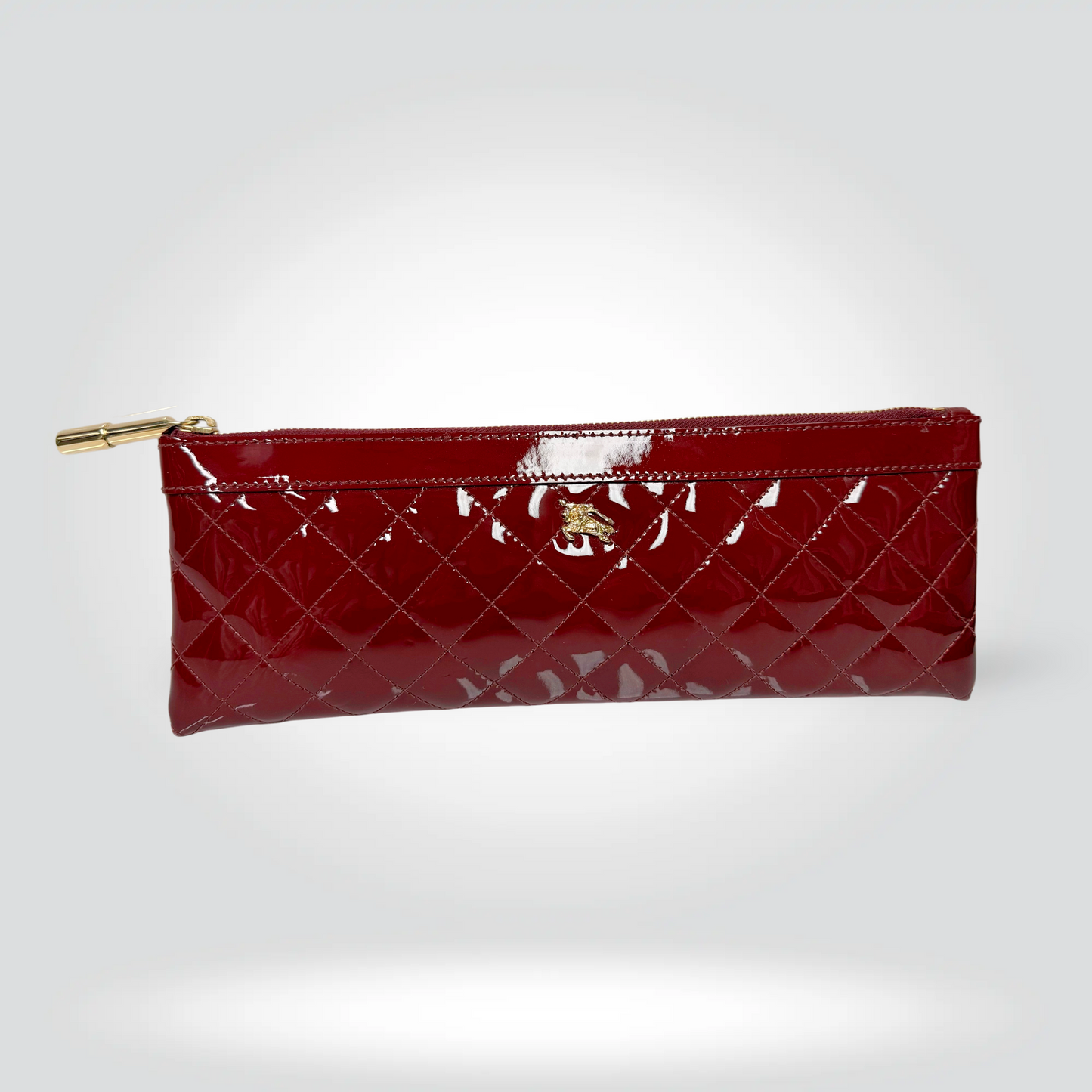 Burberry quilted patent leather zip pouch burgundy red gold zip equestrian logo — Style Reissue Vancouver
