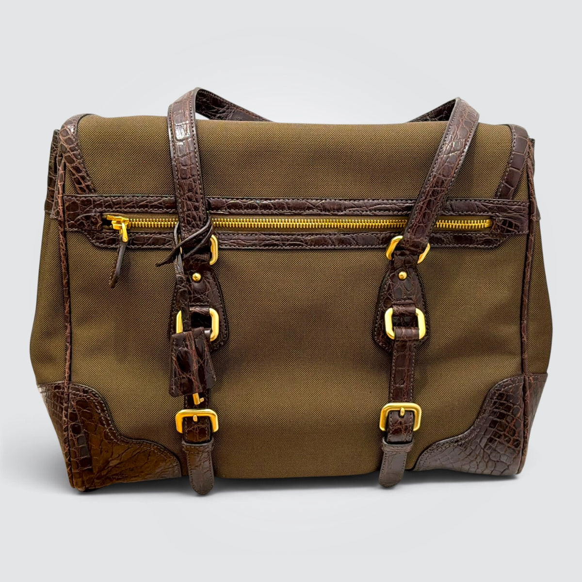 Pre-Owned Vintage Prada Canapa Brown Canvas Tote Bag with Crocodile-Embossed Leather Trim and Lock