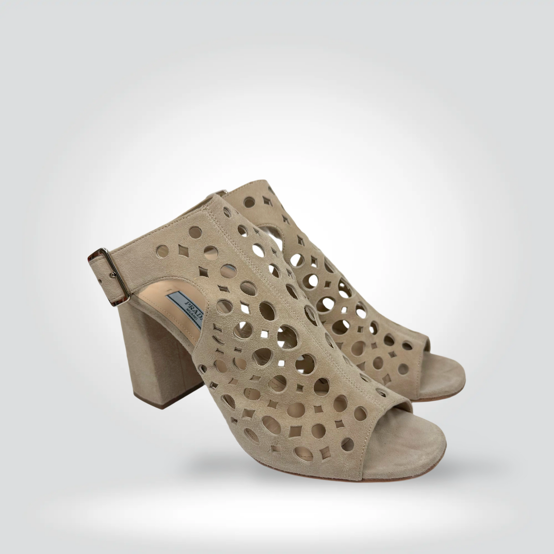 Pre-Owned Prada beige suede cut-out perforated mule heel ankle strap block heel open toe — Style Reissue Vancouver
