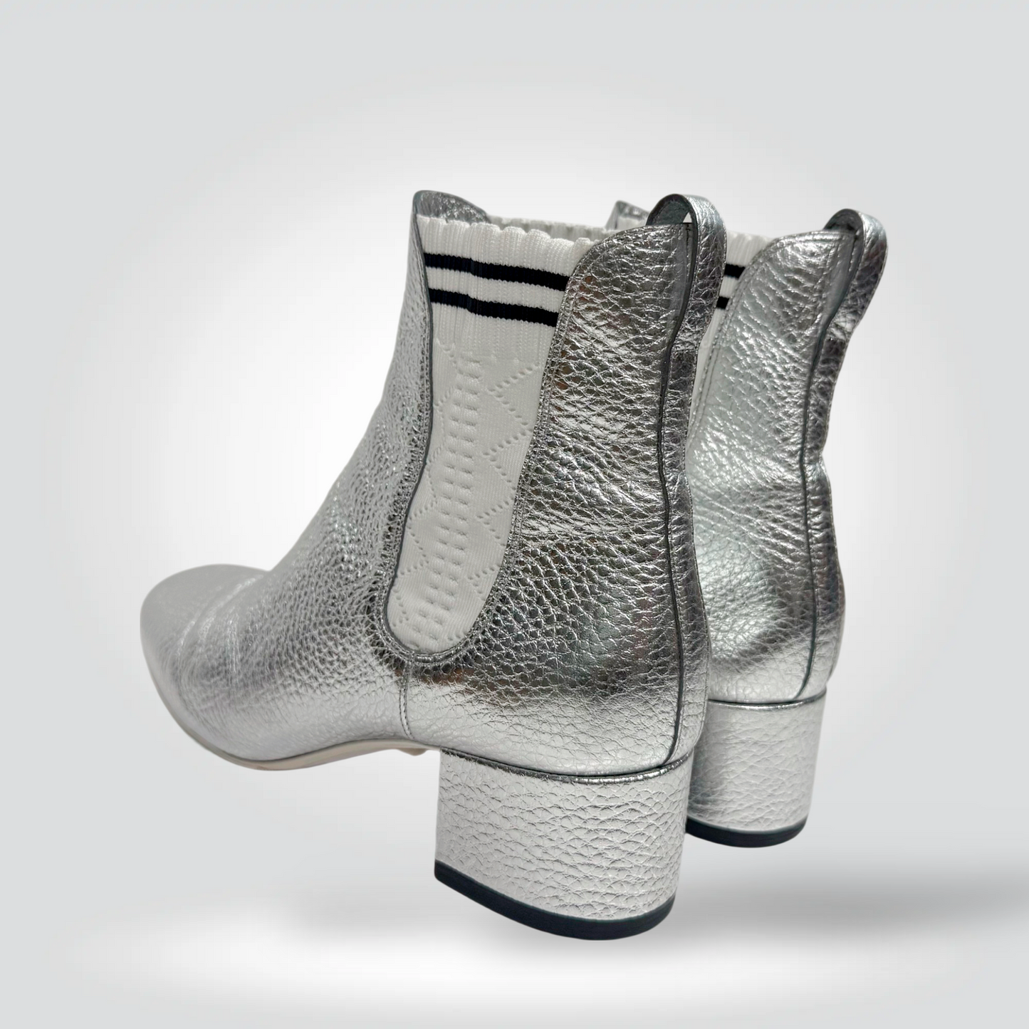 Pre-Owned Fendi Silver Metallic Leather Ankle Boots Black White Stripe Elastic Gore Block Heel — Size 38.5— Excellent | Style Reissue Vancouver