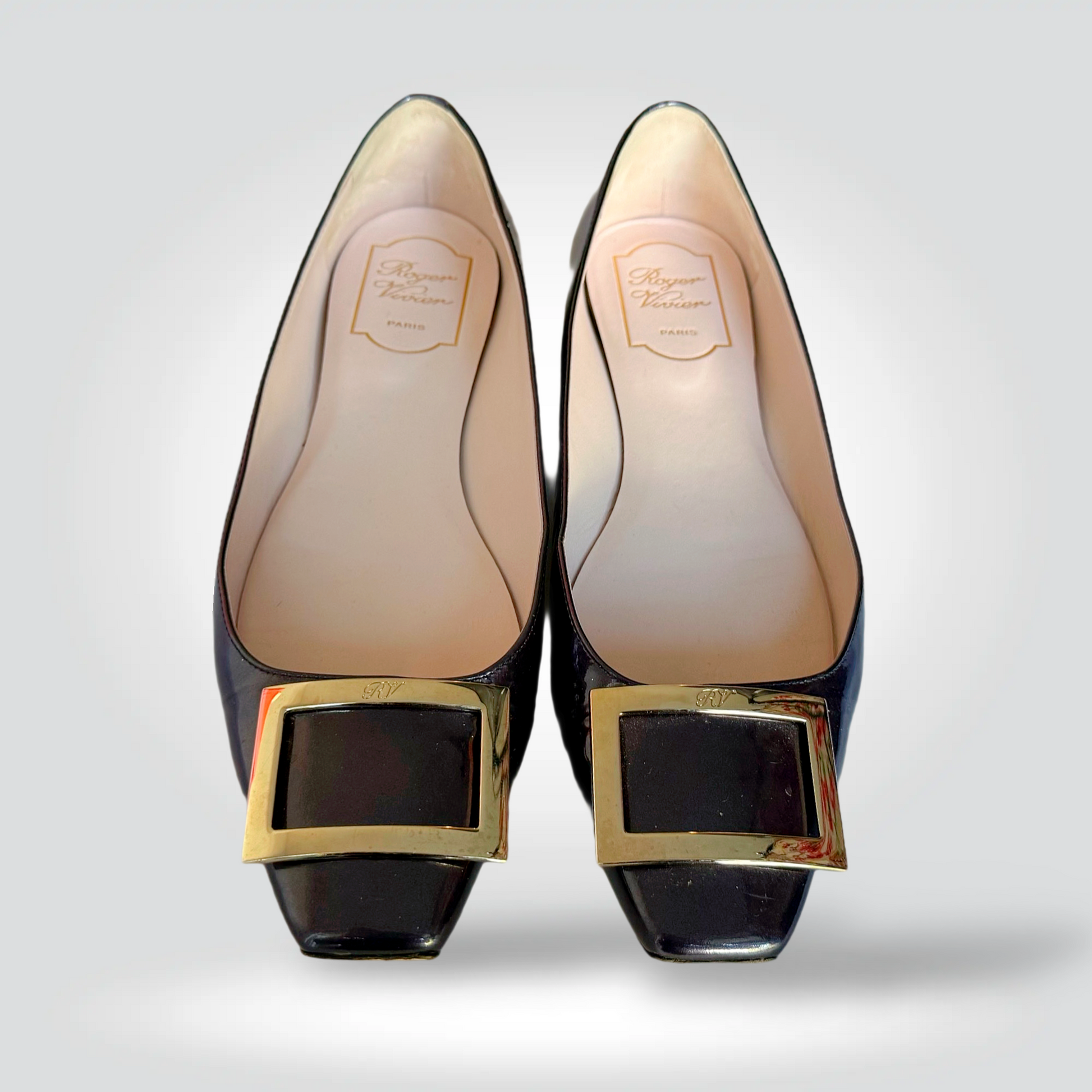 Roger Vivier Belle Vivier flats navy patent leather gold square buckle pointed toe — Style Reissue Vancouver