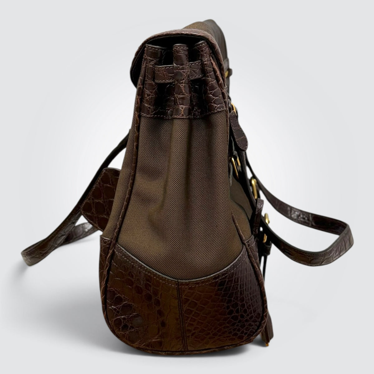 Pre-Owned Vintage Prada Canapa Brown Canvas Tote Bag with Crocodile-Embossed Leather Trim and Lock