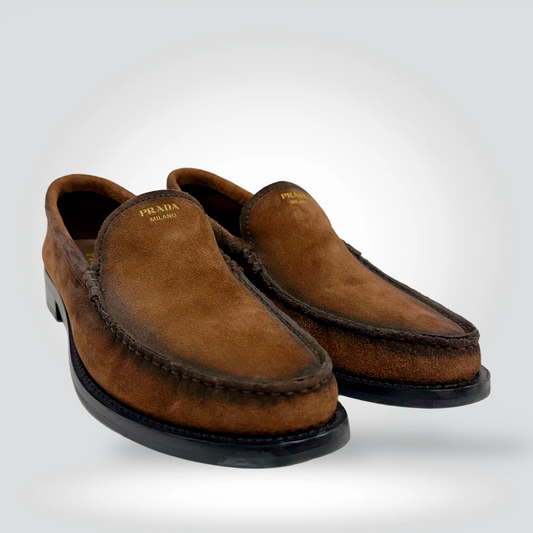 Prada Milano Suede Loafers Tobacco Brown Moccasin Whipstitch — Size 38,5—Excellent | Style Reissue Vancouver