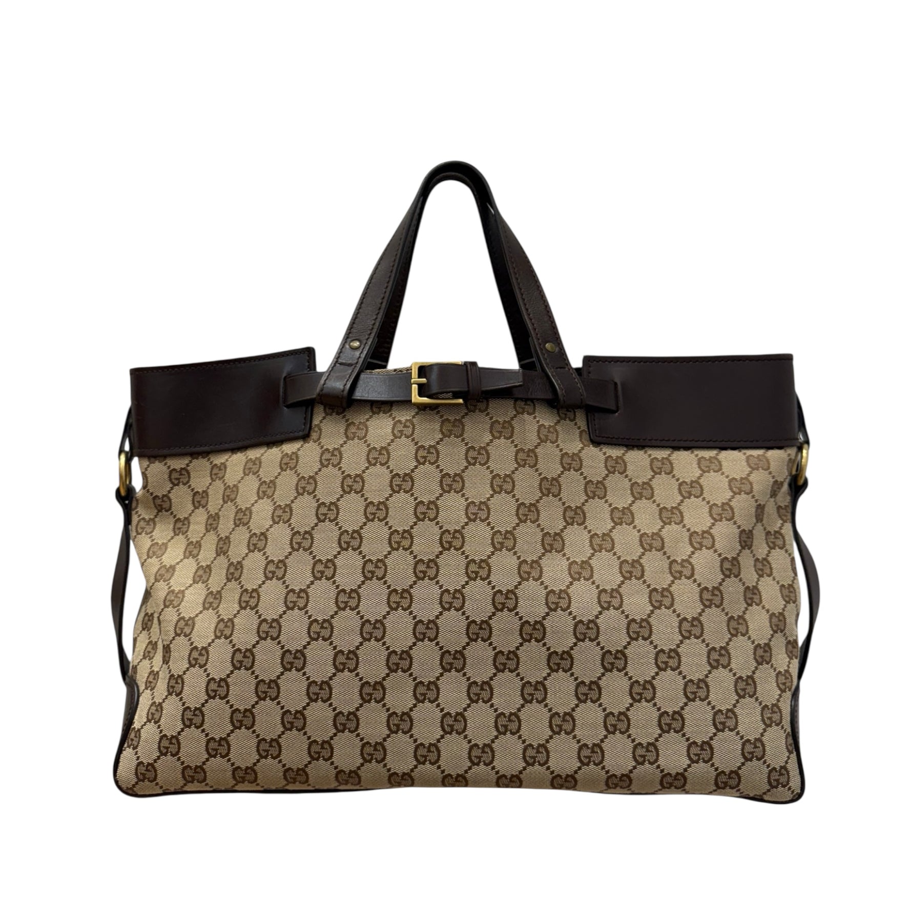 Gucci GG Supreme Canvas and Leather Tote – Vintage Monogram Top Handle Bag with Gold Buckle Belt Detail