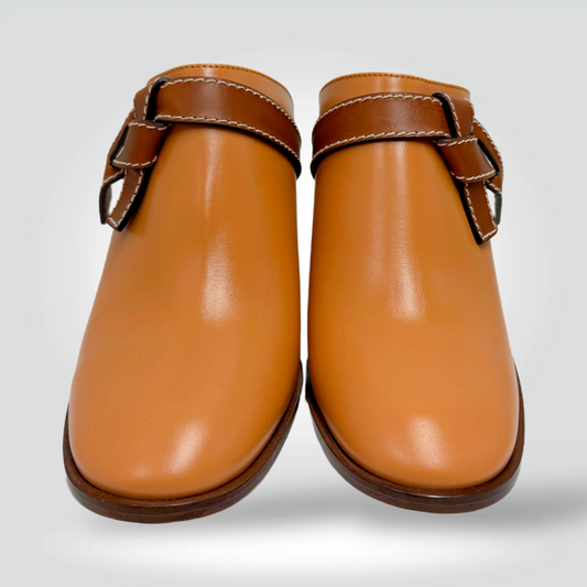 Loewe Campo Clogs Tan Cognac Leather Buckle Strap White Topstitching — Size 40—Never Worn | Style Reissue Vancouver