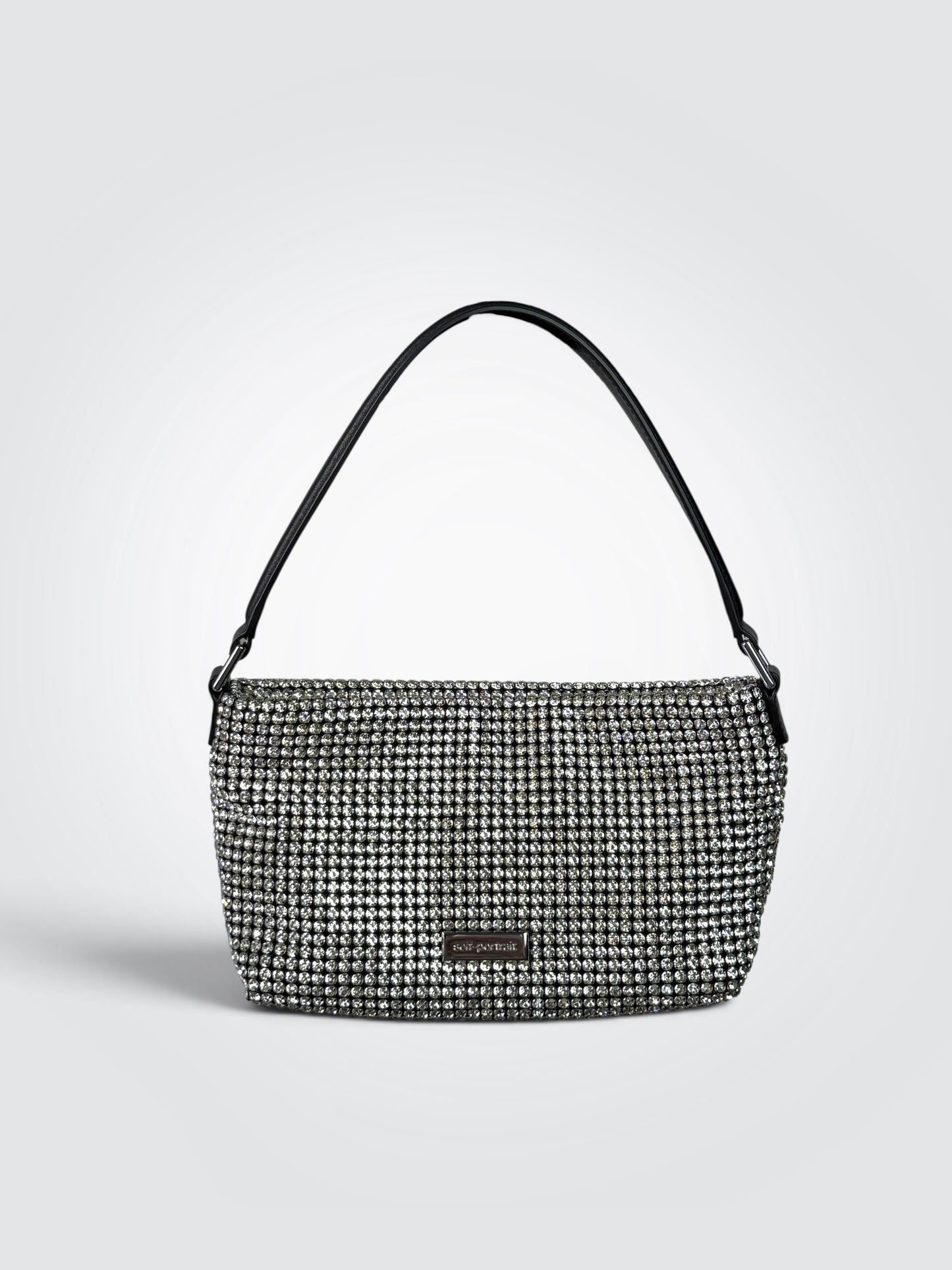 Pre-owned Self-Portrait SS24.305 SIL silver diamante small hobo bag with sparkling chainmail-style exterior and leather trim
