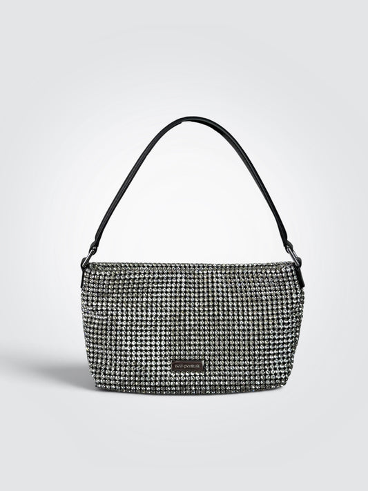 Pre-owned Self-Portrait SS24.305 SIL silver diamante small hobo bag with sparkling chainmail-style exterior and leather trim