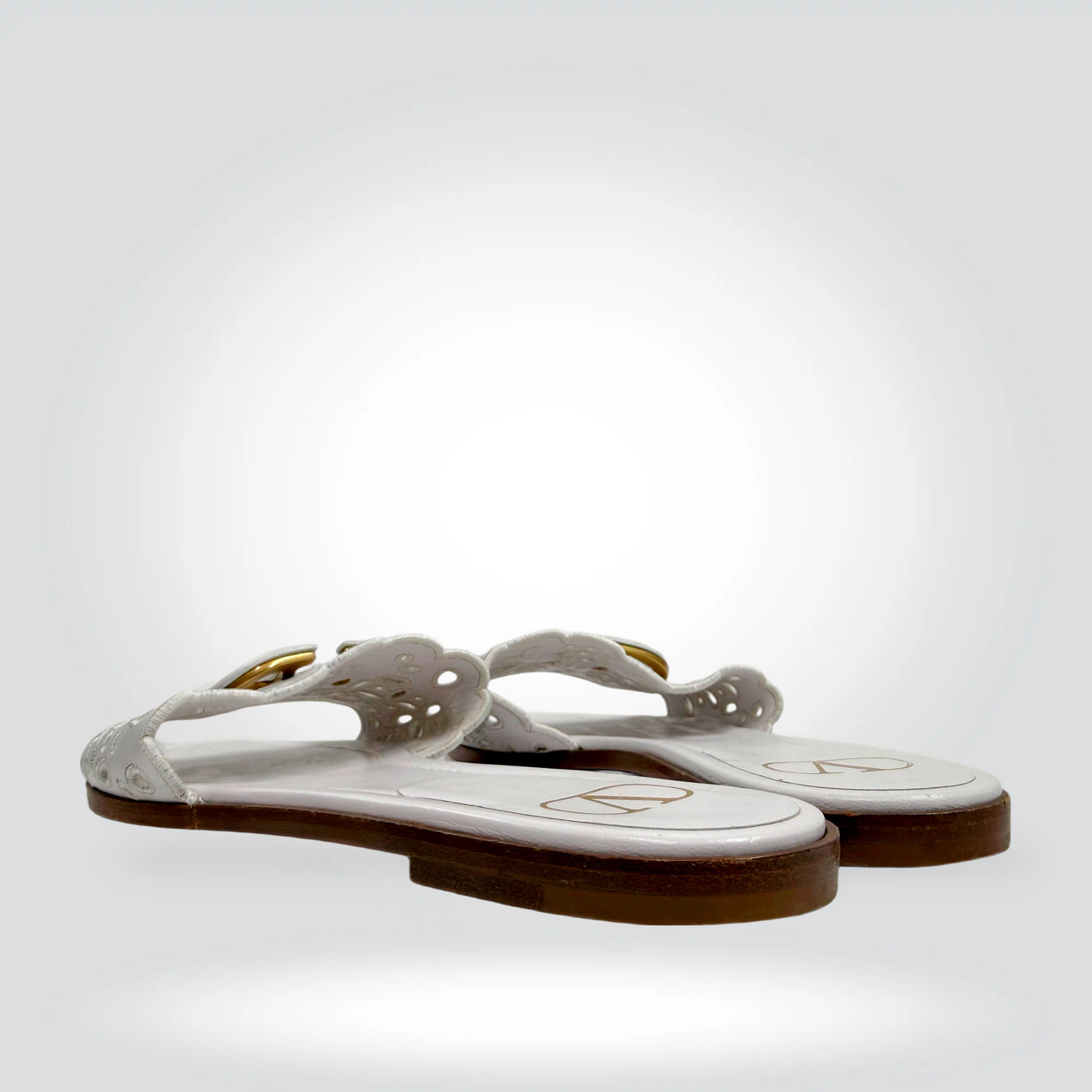 Pre-Owned Valentino Garavani VLogo Slide Mules White Leather Scalloped Perforated Strap Gold VLogo — Size — Condition | Style Reissue Vancouver