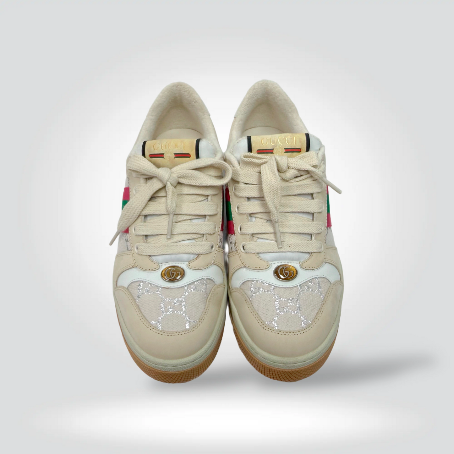Pre-Owned Gucci Screener Sneakers Beige GG Canvas Green Red Web Stripe Gum Sole — Size 39.5— VERY GOOD | Style Reissue Vancouver