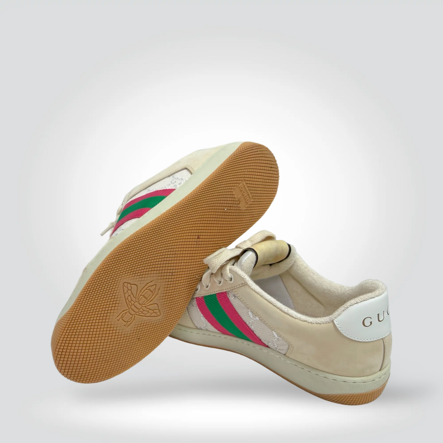 Pre-Owned Gucci Screener Sneakers Beige GG Canvas Green Red Web Stripe Gum Sole — Size 39.5— VERY GOOD | Style Reissue Vancouver