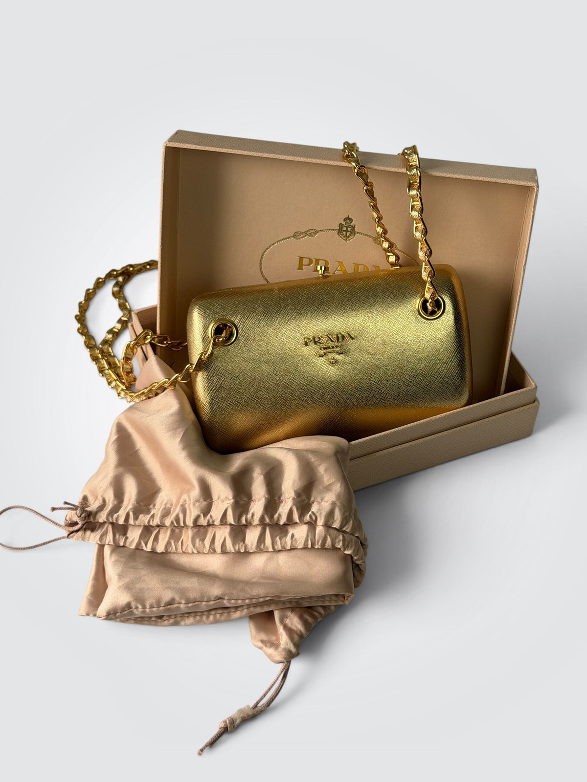 Pre-Owned Prada Gold Metallic Saffiano Leather Wallet on Chain – Shoulder Bag and Clutch