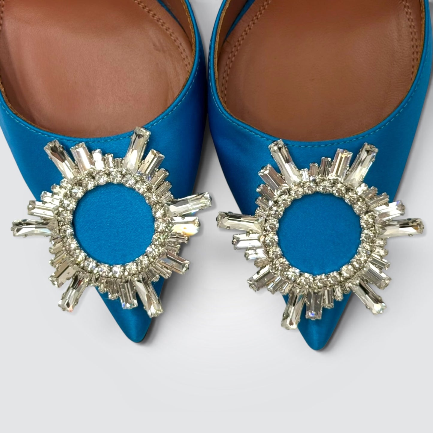 Pre-Owned Amina Muaddi Begum Blue Satin Slingback Pumps with Crystal Buckle