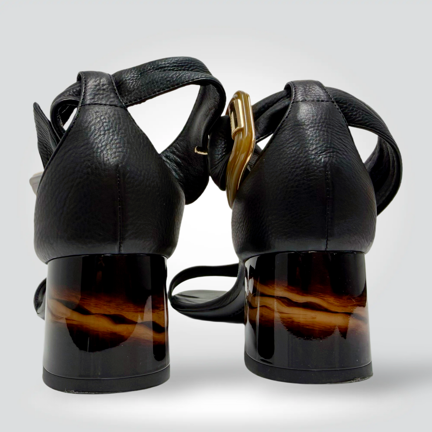 Burberry Black Leather Block Heel Sandals Gold Buckle Tortoiseshell Heel Ankle Strap — Size 37.5— Very Good | Style Reissue Vancouver